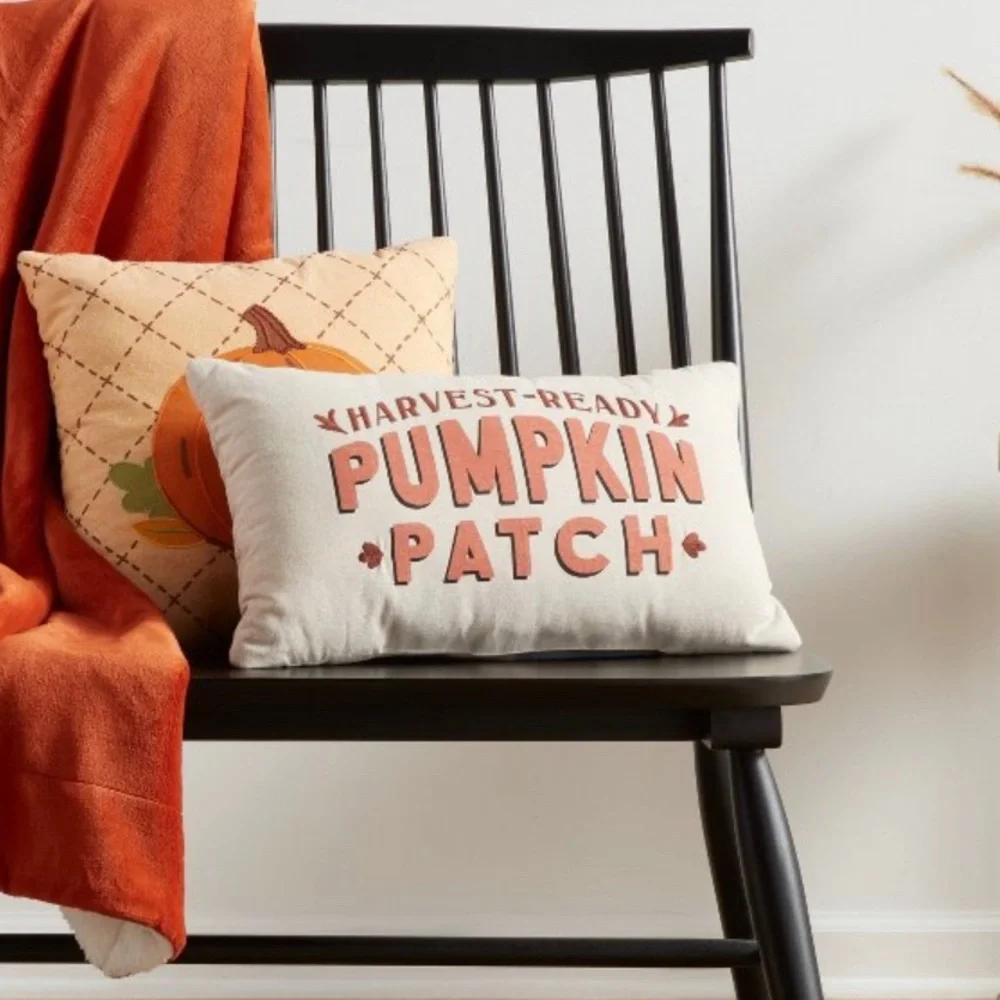 NWT Chambray Printed and Embroidered Pumpkin Patch Lumbar Throw Pillow